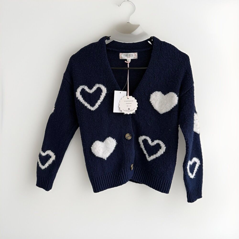 Pink Rose Girl Childs Button Cardigan Navy Blue White Hearts Size Large 14 NWT